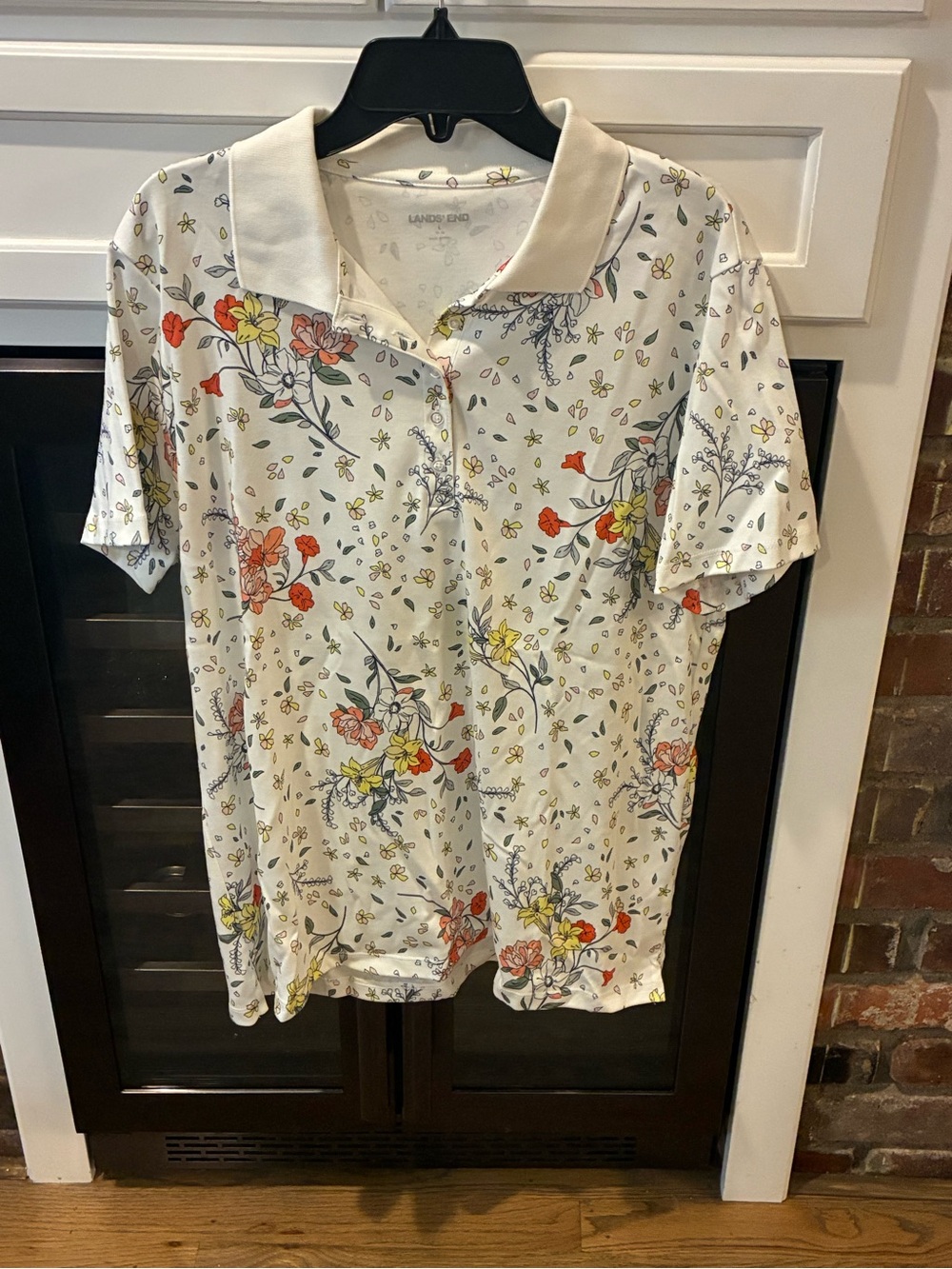 Lands' End White Floral Polo Top - Short Sleeve Collared Tee